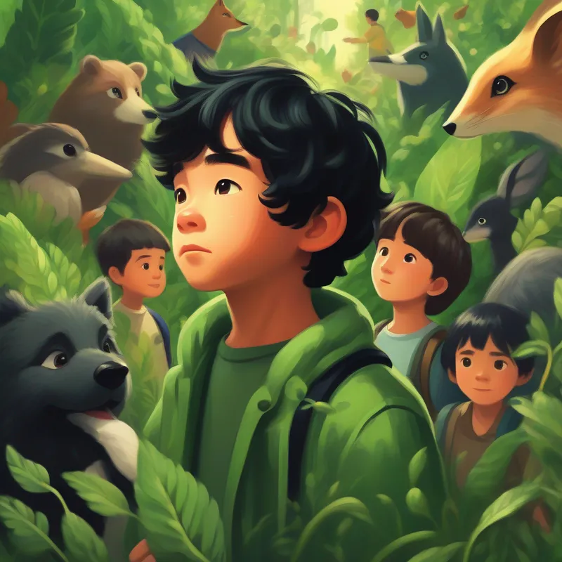 Young boy with tousled black hair, wearing leafy green clothes surrounded by people and animals, respected and admired