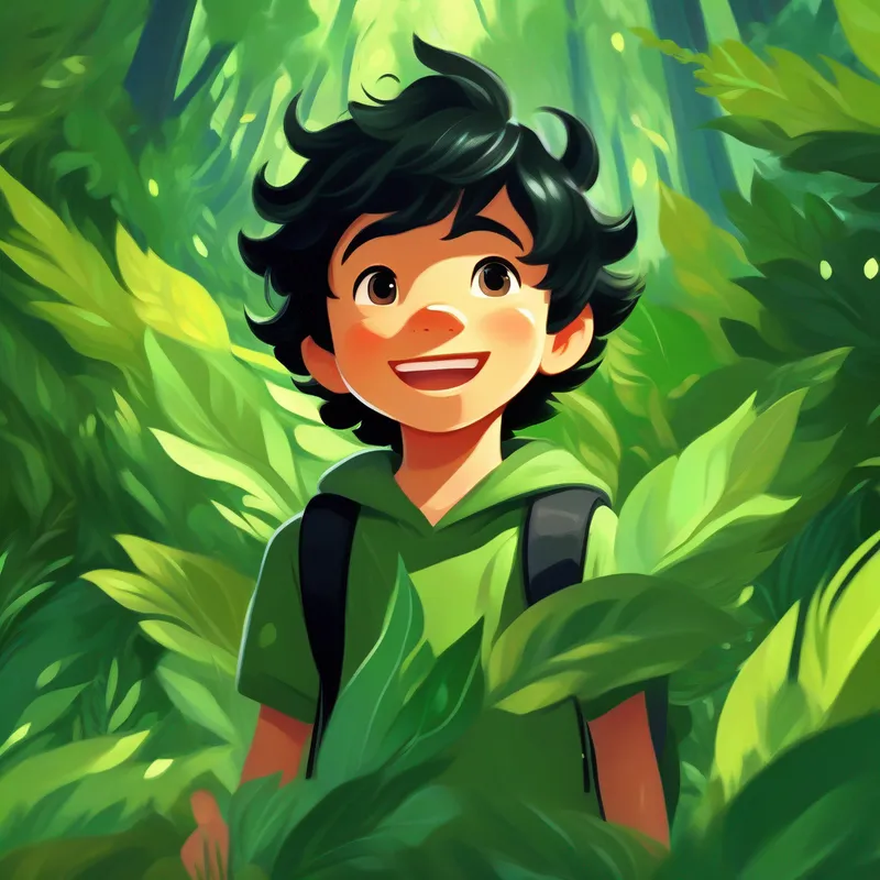 Young boy with tousled black hair, wearing leafy green clothes radiating confidence, spreading joy and inspiration in the forest
