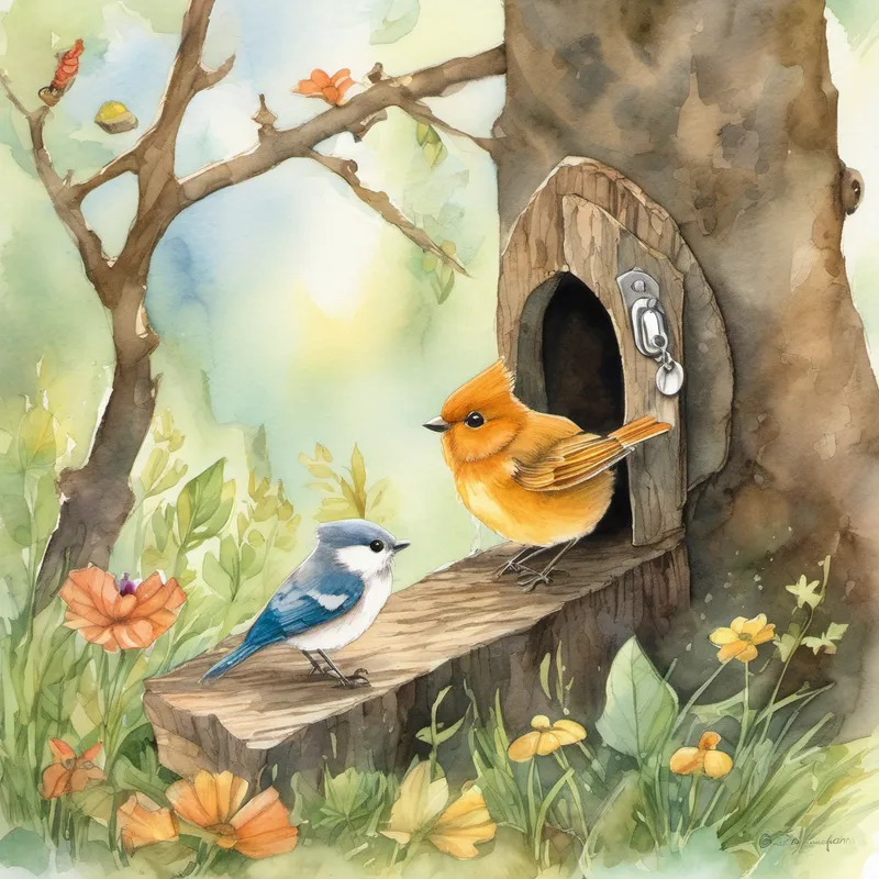 Right in the hollow of the tree, Chippo spotted a tiny lock that perfectly matched his mysterious key. He felt a surge of joy and anticipation. With trembling paws, he inserted the key and turned it. With a soft click, the lock opened, revealing a secret passage hidden within the tree. Without a moment's hesitation, Chippo stepped inside the passage. It was like stepping into a different world altogether. The air was filled with the sweet scent of flowers and the sound of chirping birds filled his tiny ears. He had entered a magical forest!