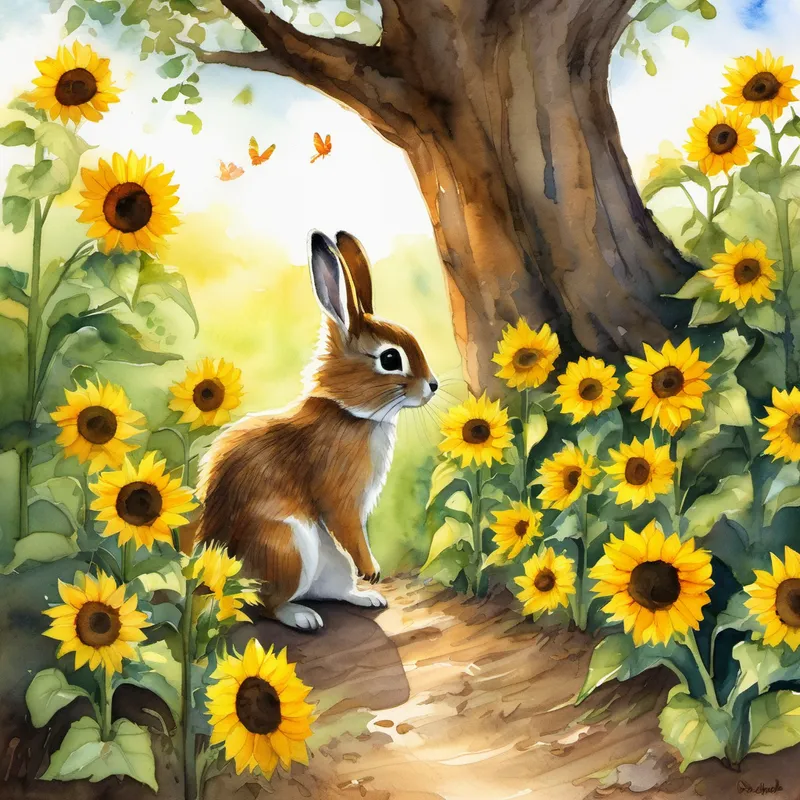 Curious, Conejito Blanco opened the note. It read, "Dear Conejito Blanco, follow the path of sunflowers until you reach the old oak tree. There, you will find a special gift waiting just for you. May you have a magical adventure!" Conejito Blanco's eyes widened with joy as he hopped out of his burrow. He skipped along the path of sunflowers, their bright yellow petals tickling his fluffy belly. As he reached the old oak tree, he stopped to catch his breath and looked around for the gift mentioned in the note.