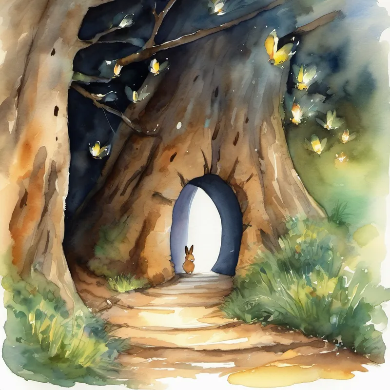 To his surprise, a small door appeared on the bark of the tree. Conejito carefully opened the door, and to his astonishment, he discovered a hidden tunnel inside. Excitement bubbling within him, he bravely hopped into the tunnel, curious about where it would lead him. The tunnel was dark, and Conejito Blanco couldn't see a thing. But as he continued hopping forward, he noticed tiny, twinkling lights guiding his way. The lights were fireflies, glowing in different colors, guiding him through the tunnel.