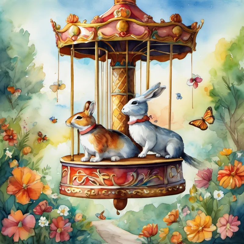 Conejito hopped towards the center and gasped in awe. There, hidden between the flowers, he found a magical carousel just his size. It was beautifully designed with woodland creatures, moving up and down as if riding on invisible waves. Conejito couldn't wait to jump on and enjoy this enchanting ride. As he climbed onto the carousel, Conejito Blanco heard a soft melody begin to play. The carousel spun slowly at first and then faster and faster, lifting Conejito high into the sky. He felt the wind brushing against his fur as he soared through the air, giggling joyfully.