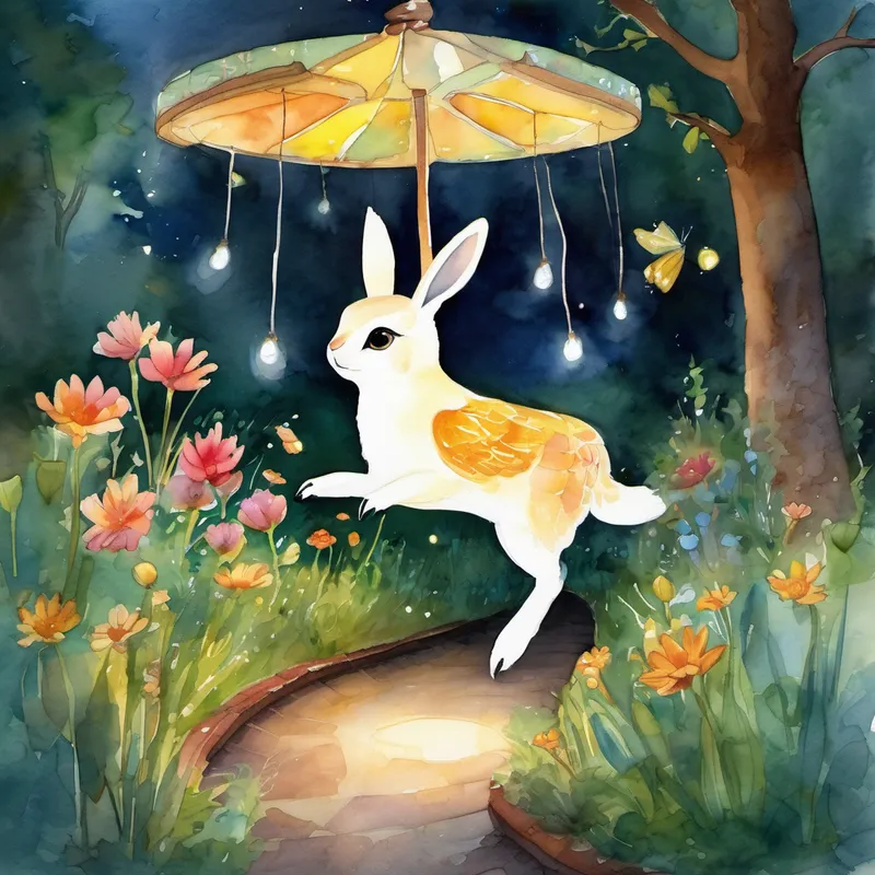Just when he couldn't possibly feel any happier, the carousel gently lowered Conejito back onto the ground. Exhausted from his magical adventure, Conejito hopped to the edge of the garden, knowing he had to return home. With a heart full of gratitude, Conejito waved goodbye to the wise old owl and thanked the garden for his amazing birthday surprise. As he made his way back through the tunnel, the fireflies' lights guiding him once more, Conejito Blanco couldn't stop smiling, feeling the warmth of the magical adventure he had just experienced.