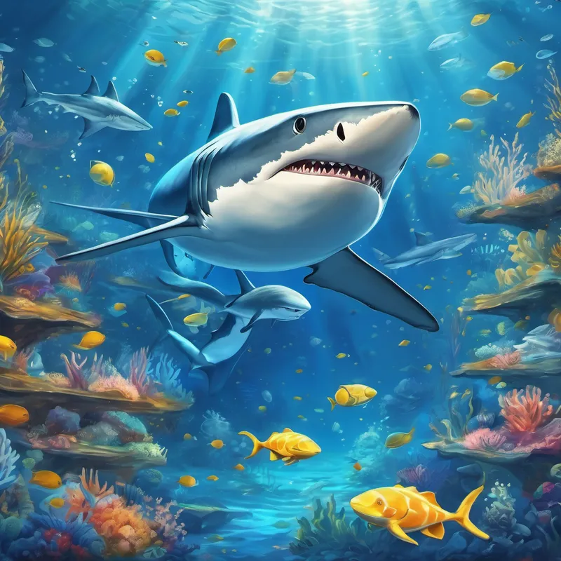 Underwater scene with Blue shark with a kind smile and sparkling white teeth swimming alongside different ocean creatures