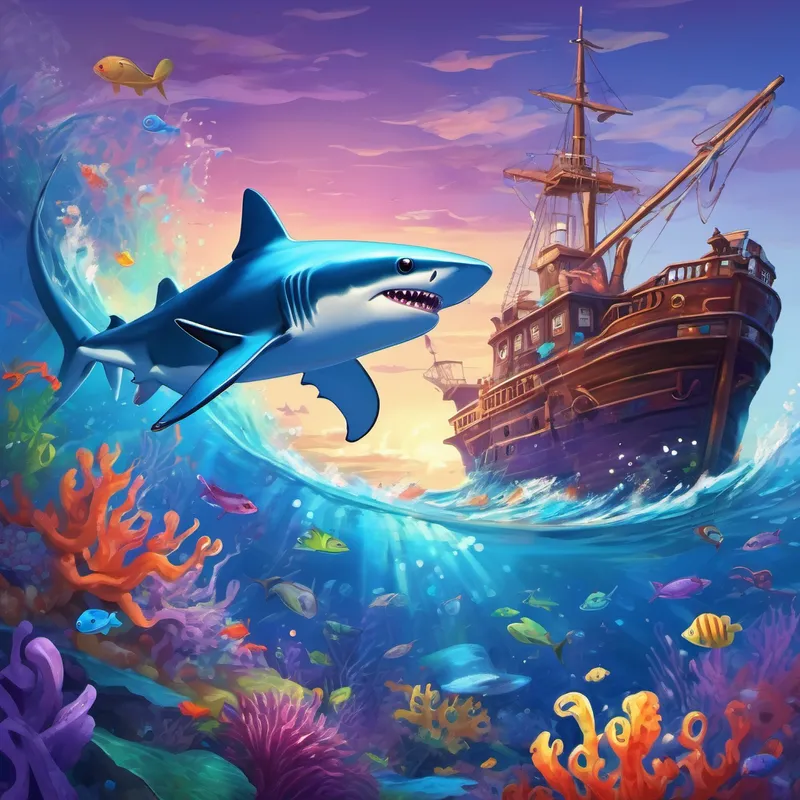 Blue shark with a kind smile and sparkling white teeth rescuing Purple octopus with long tentacles and a grateful expression near a colorful shipwreck