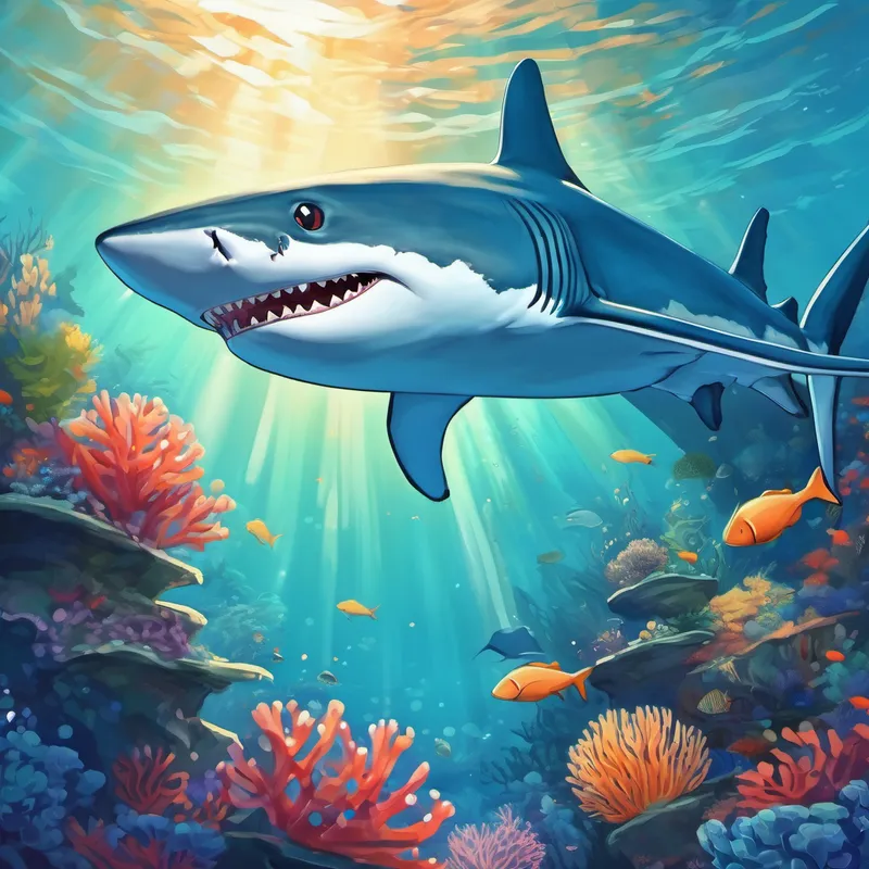 Blue shark with a kind smile and sparkling white teeth and Edward having a conversation near a vibrant coral reef