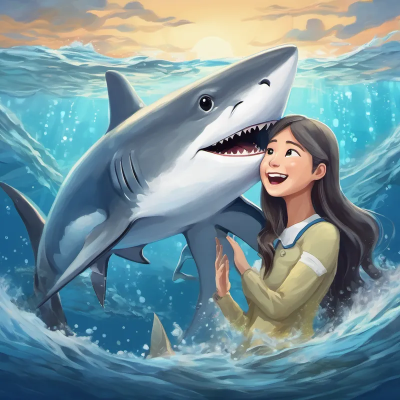 Blue shark with a kind smile and sparkling white teeth helping Graceful gray dolphin with a toothache with her toothache near a sparkling ocean surface
