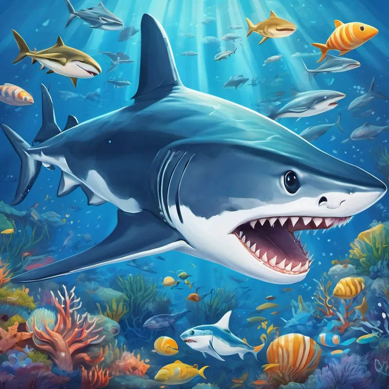 Blue shark with a kind smile and sparkling white teeth surrounded by a diverse group of ocean creatures seeking his help