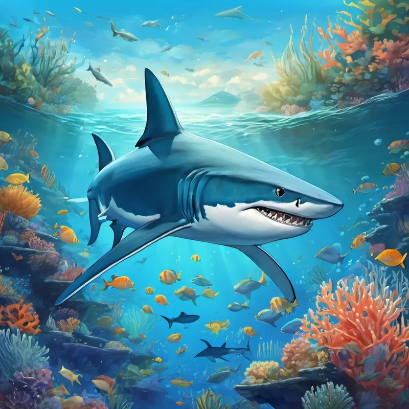 Blue shark with a kind smile and sparkling white teeth swimming towards his coral reef home as the ocean creatures sing their thank you song