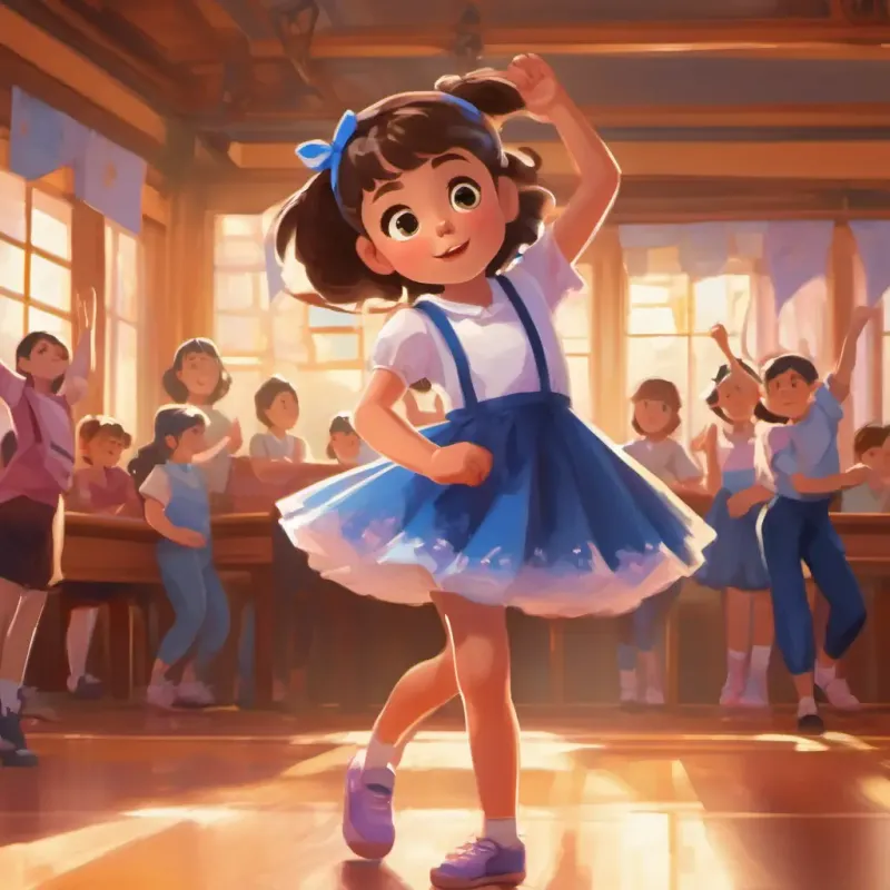 School announcement, Young girl with bright eyes, always wearing a dance outfit feels nervous.