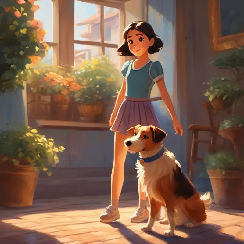 Young girl with bright eyes, always wearing a dance outfit practicing diligently with her dog watching.