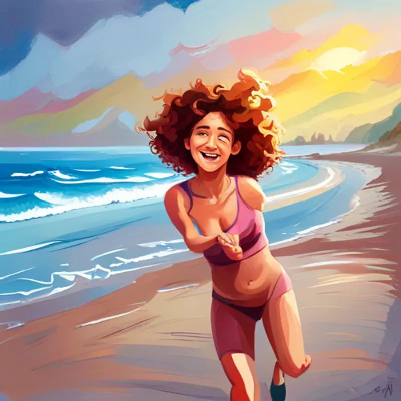 Curly-haired girl with a big smile and friendly eyes meets happy emotions playing tag on the beach