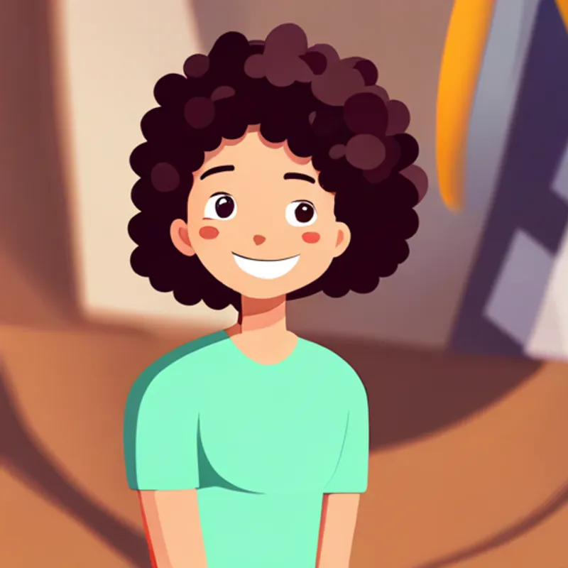 Curly-haired girl with a big smile and friendly eyes learns to relax and find peace with calm emotions