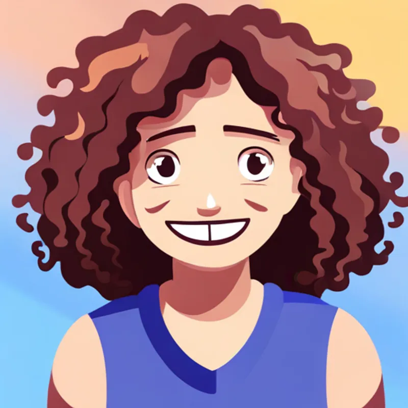 Curly-haired girl with a big smile and friendly eyes encourages scared emotions to take risks and embrace adventure