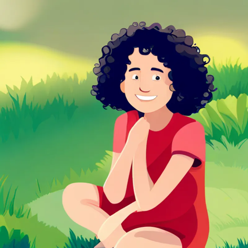 Curly-haired girl with a big smile and friendly eyes learns gratitude from content emotions in a peaceful meadow