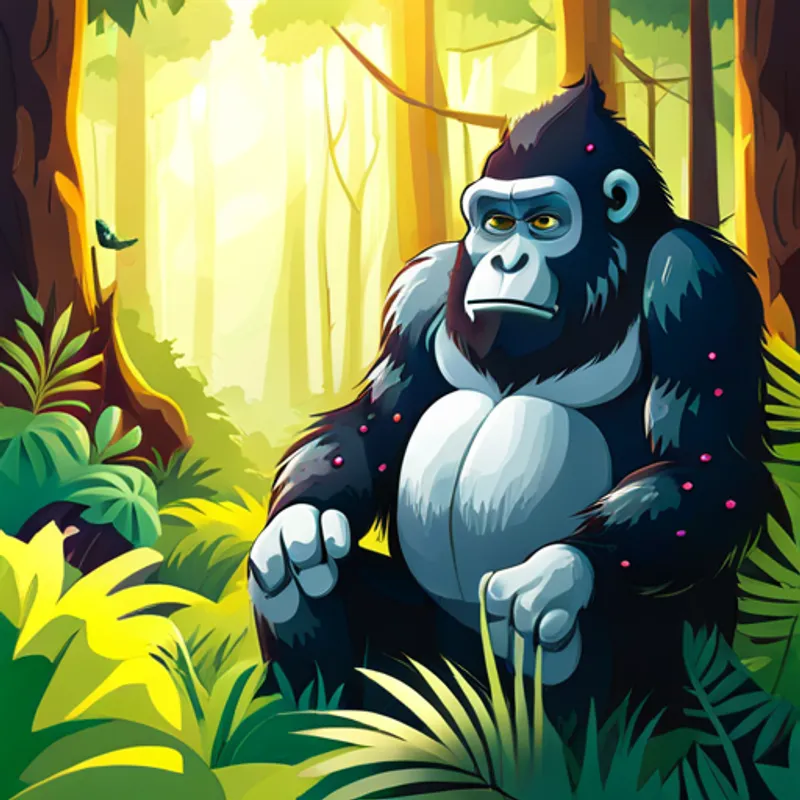 Bonk the gorilla sitting in a lush jungle
