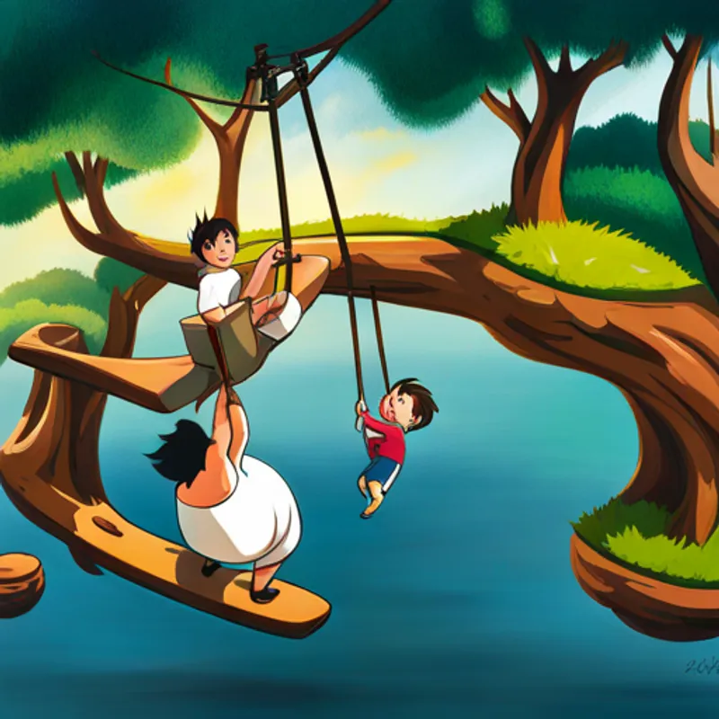 Bonk swinging from tree to tree with his family