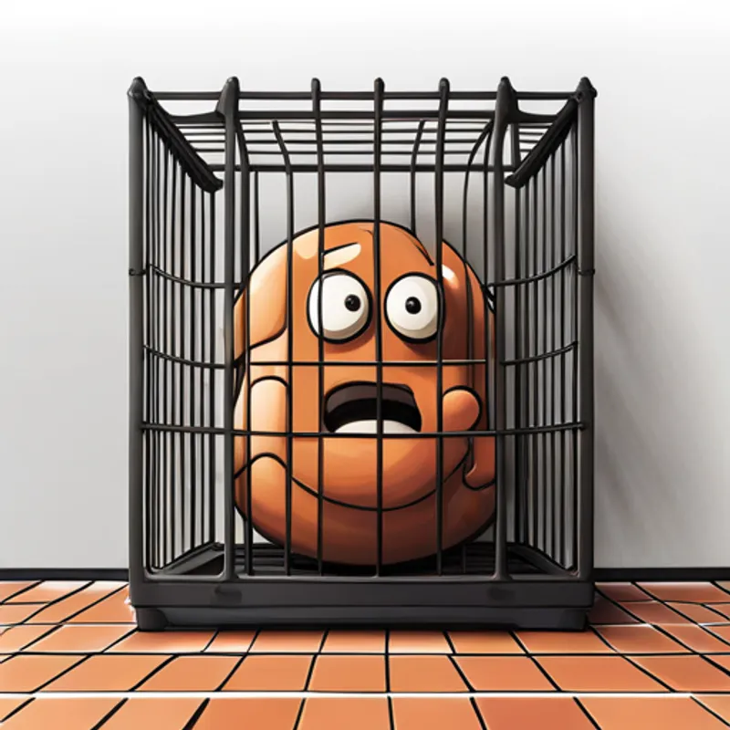 Bonk trapped in a cage with sad eyes