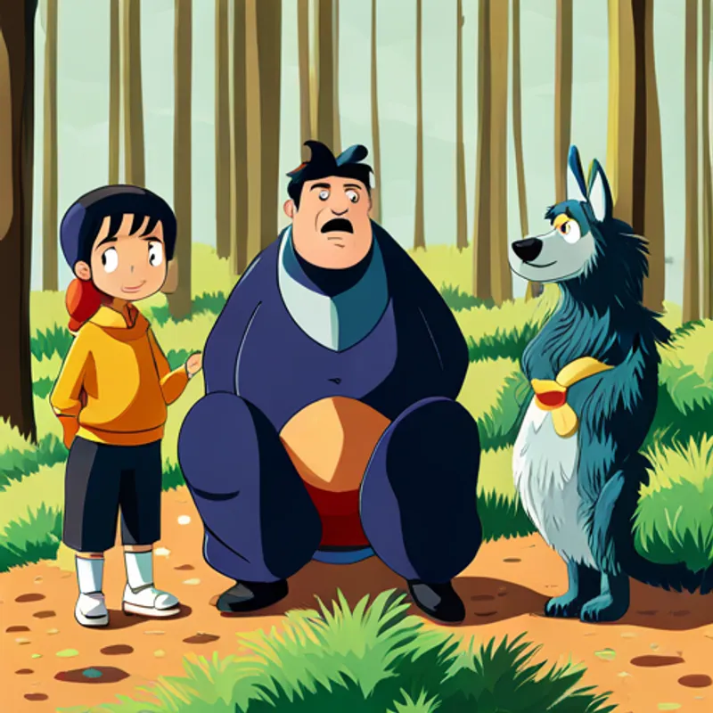 Bonk, Alpha, and Missy surrounded by trees