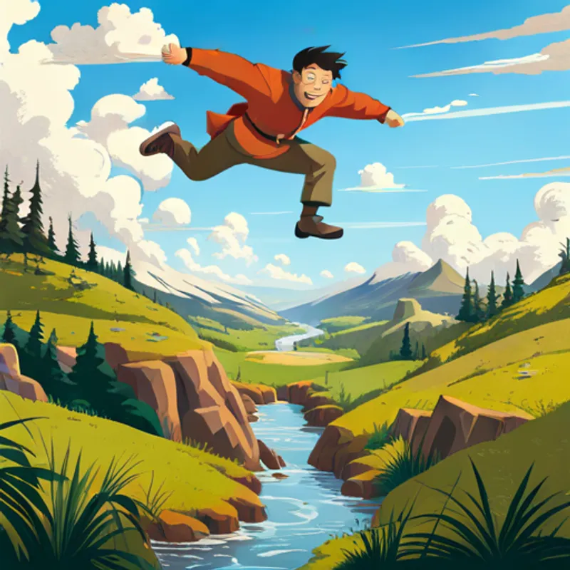 Bonk, Alpha, and Missy jumping over a river