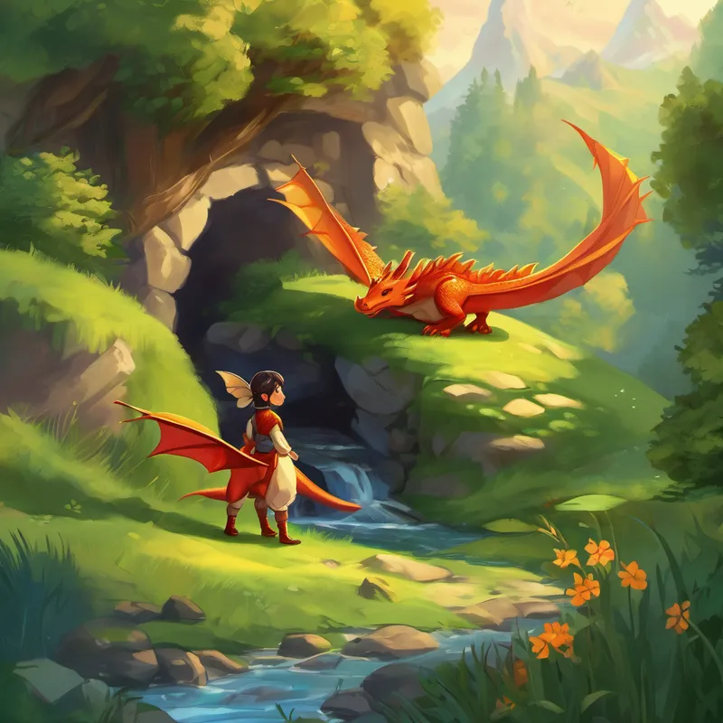 Once upon a time in a land filled with magic, there lived a little dragon named Ember. Ember was very small compared to other dragons, but what she lacked in size, she made up for with a heart filled with curiosity and kindness. Ember lived in a cozy cave nestled at the top of a mountain, surrounded by lush green meadows and shimmering streams. Being the only dragon in the area, Ember often felt lonely, yearning for a friend to share her adventures with.