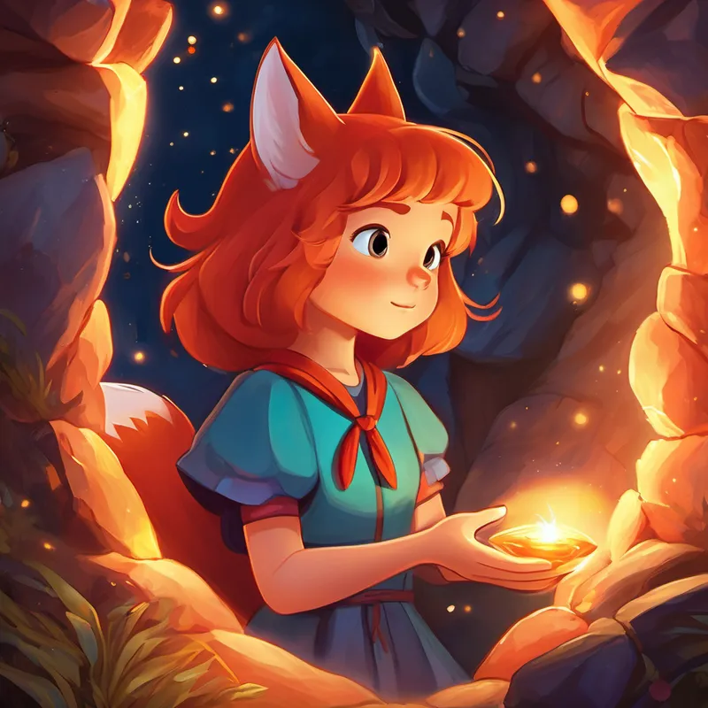 Determined not to give up, Ember decided to let her first wish be to find a friend who would appreciate the magic stone and her company. She held the stone up to the sky, closed her eyes tightly, and wished with all her might. Suddenly, a soft glow surrounded Ember, and the stone began to shine brighter and brighter. When Ember opened her eyes, she found herself face-to-face with a young fox named Finn. The fox had the most radiant red fur and the kindest eyes Ember had ever seen. Finn was amazed by Ember's magic stone and couldn't wait to join her on adventures.