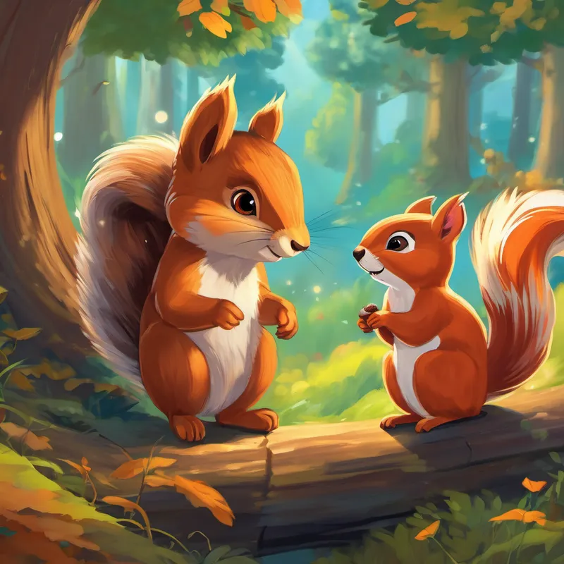 From that day forward, Ember and Finn explored the magical land together, flying through the sky and laughing with joy. Everywhere they went, Ember showed Finn all the wonderful things she had discovered, teaching him about the importance of sharing and caring for others. One day, as they were exploring a peaceful forest, Ember spotted a squirrel named Hazel struggling to carry a heavy acorn. Without a second thought, Ember swooped down to help the squirrel, carrying the acorn in her little dragon claws.