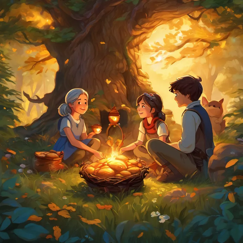 Hazel was so grateful and wanted to thank Ember and Finn with something special. She invited them to a grand feast in the heart of a majestic oak tree. The entire forest gathered for the feast, and Ember and Finn were touched by the warmth and kindness that surrounded them. Sitting under the moonlight, Ember saw a reflection of herself and realized that she had found the greatest treasure of all – friendship and the love that comes with sharing and caring for others.