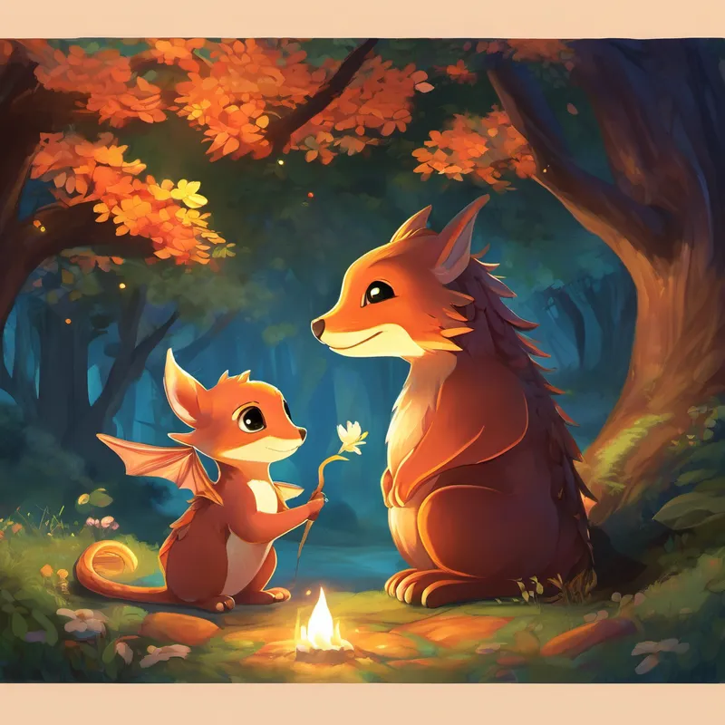 From that day forward, Ember, Finn, and all their newfound forest friends lived together, sharing their adventures and spreading love and joy throughout the land. Ember never felt lonely again and learned that the most magical things in life are experienced when you share them with the ones you care about. And so, dear little one, remember the tale of Ember whenever you feel lonely or hesitant to share. The world becomes a much brighter place when we open ourselves up to friendship and give selflessly, just like Ember the little dragon. Sweet dreams, my dear, and may your heart always be filled with kindness and love.