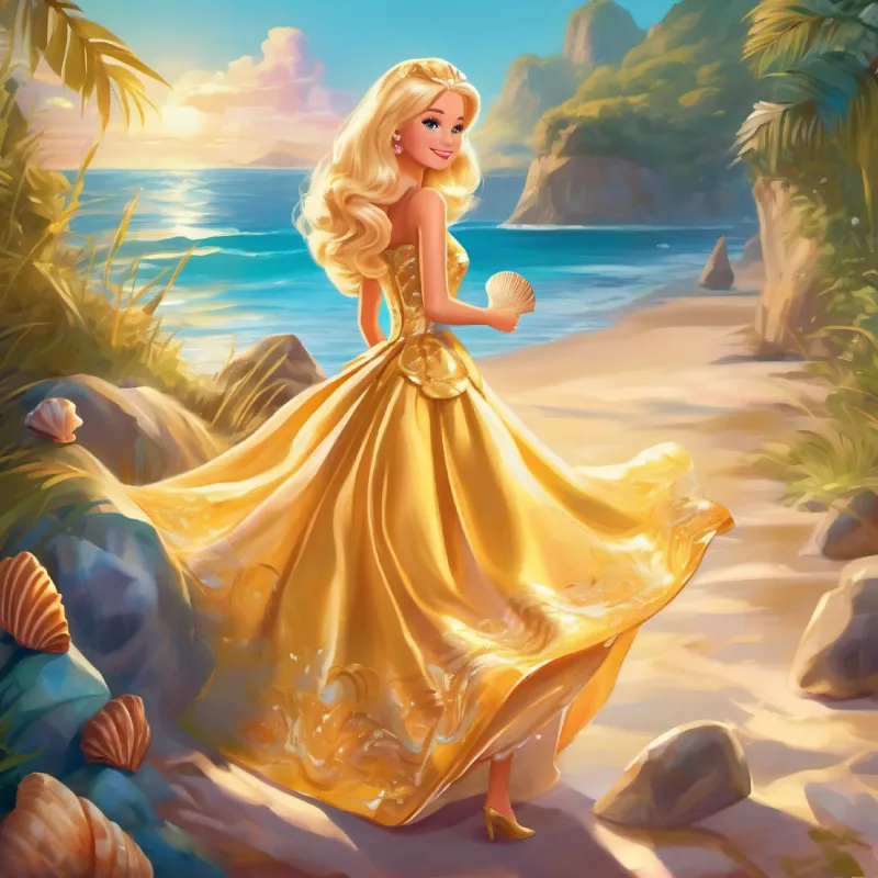 Barbie with golden hair, bright eyes, seashell dress reflecting on adventure, moral of the story, happy ending