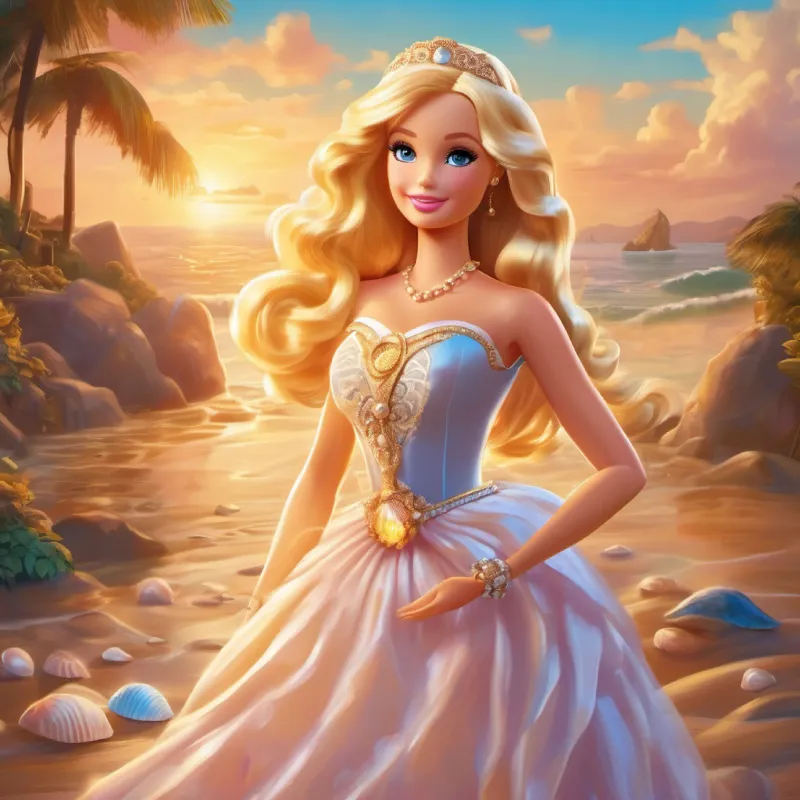 Barbie with golden hair, bright eyes, seashell dress answers riddle, path opens, finding the pearl