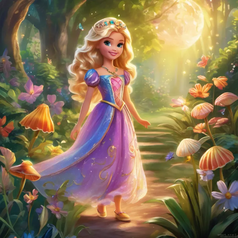 In the heart of a magical land, where sunbeams filtered through sparkly mist, Bella, Bella, the imaginative Barbie from a magical land, enchants with her bright eyes, warm smile, and flowing golden hair. Her adventurous spirit and creativity inspire all who meet her, as she spreads joy and magic throughout the kingdom in her stunning leafy dress adorned with shimmering seashells. As the guardian's words faded away, the moon began to rise, casting a silver glow over the mystical garden. Bella, Luna, and Daisy stood together, surrounded by the garden's magic, feeling grateful for the incredible adventure they shared, and the unforgettable memories they created together. As the night deepened, the friends bid each other sweet dreams, and the magical land whispered its softest lullaby, carrying them gently into the realm of sweet slumber.