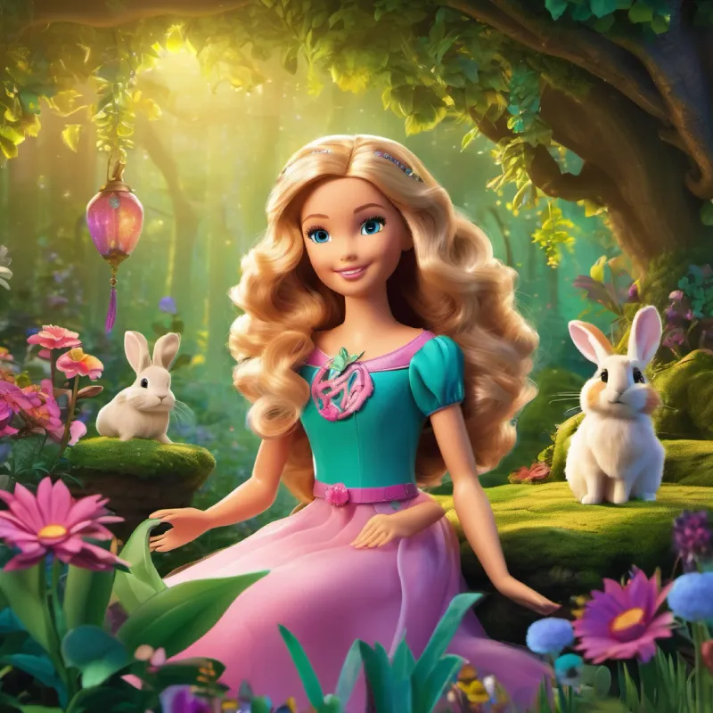 Bella the imaginative Barbie from a magical land, enchants with her bright eyes, warm smile, and flowing golden hair. Her adventurous spirit and creativity inspire all who meet her, as she spreads joy and magic throughout the kingdom in her stunning leafy dress adorned with shimmering seashells. a curious rabbit, discovers a magical garden in the Whispering Woods.a curious rabbit shares the garden's secrets with Bella, who invites her to explore. A tiny fairy named Daisy joins them, showcasing her love for discovering hidden treasures. As they explore the forest, they hear a gentle humming noise, which Bella wonders about. The enchanting melody they hear is a testament to the magical nature of the Whispering Woods.
