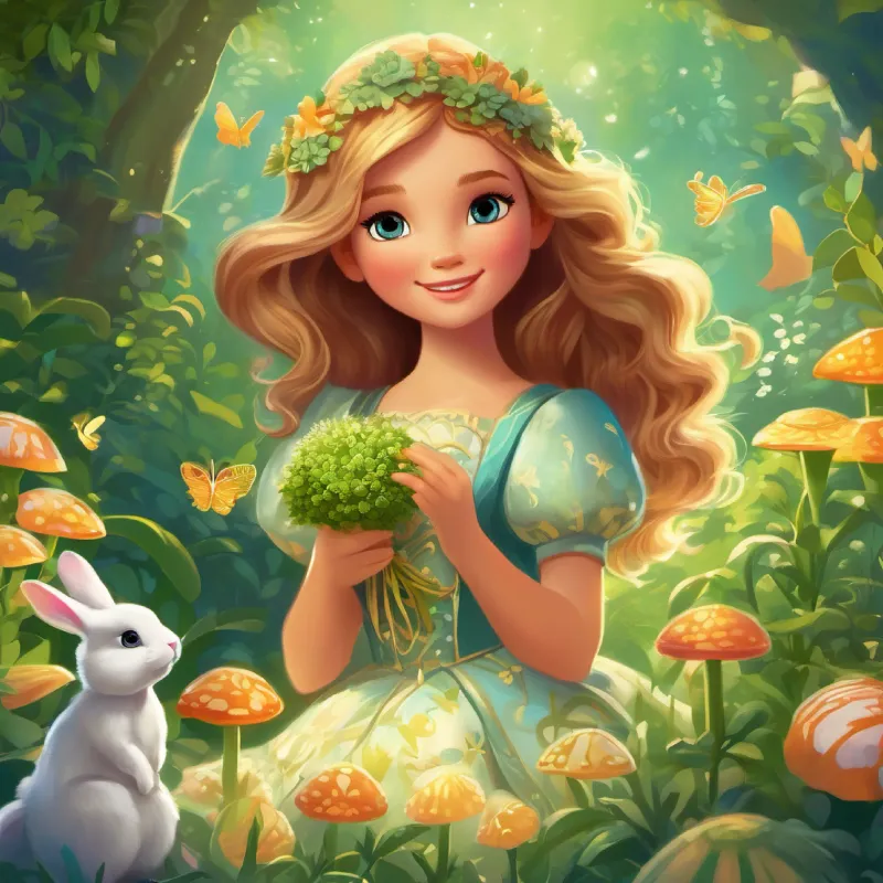 As she wandered through the lush meadow, her bright eyes twinkling with curiosity, she stumbled upon a gentle rabbit named Luna, who was quietly munching on a particularly succulent clover. "Good morrow, fair rabbit," Bella, the imaginative Barbie from a magical land, enchants with her bright eyes, warm smile, and flowing golden hair. Her adventurous spirit and creativity inspire all who meet her, as she spreads joy and magic throughout the kingdom in her stunning leafy dress adorned with shimmering seashells. said, her voice as sweet as honey. "What's the most magical thing about this enchanted land?"