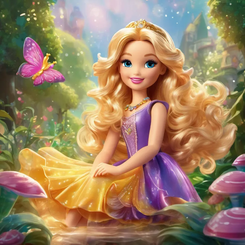 In the heart of a magical land, where sunbeams filtered through sparkly mist, Bella, Bella, the imaginative Barbie from a magical land, enchants with her bright eyes, warm smile, and flowing golden hair. Her adventurous spirit and creativity inspire all who meet her, as she spreads joy and magic throughout the kingdom in her stunning leafy dress adorned with shimmering seashells.