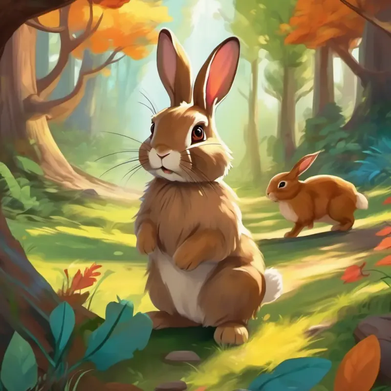 Lop-eared rabbit, brown fur, bright brown eyes hopping through a colorful forest with friendly animals playing in the background.