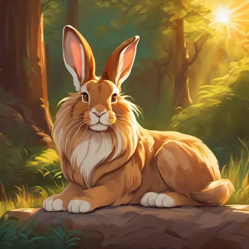 Lop-eared rabbit, brown fur, bright brown eyes approaching a contented lion relaxing under a bright sun.