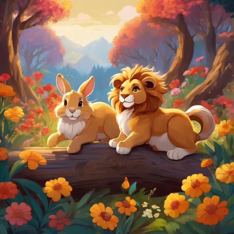 Lop-eared rabbit, brown fur, bright brown eyes and Lazy lion, golden fur, sleepy amber eyes leaping over logs and laughing together, surrounded by vibrant flowers.