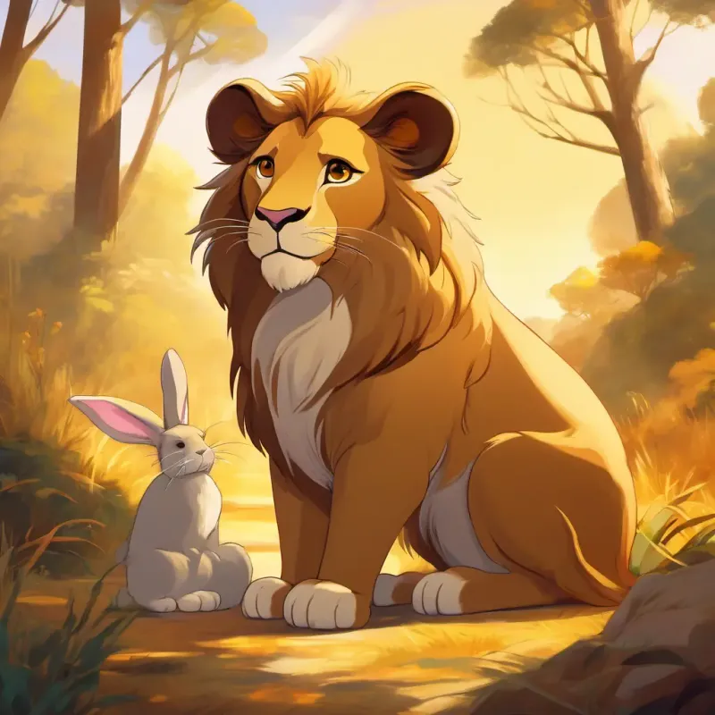 Lazy lion, golden fur, sleepy amber eyes frowning while Lop-eared rabbit, brown fur, bright brown eyes looks disappointed.