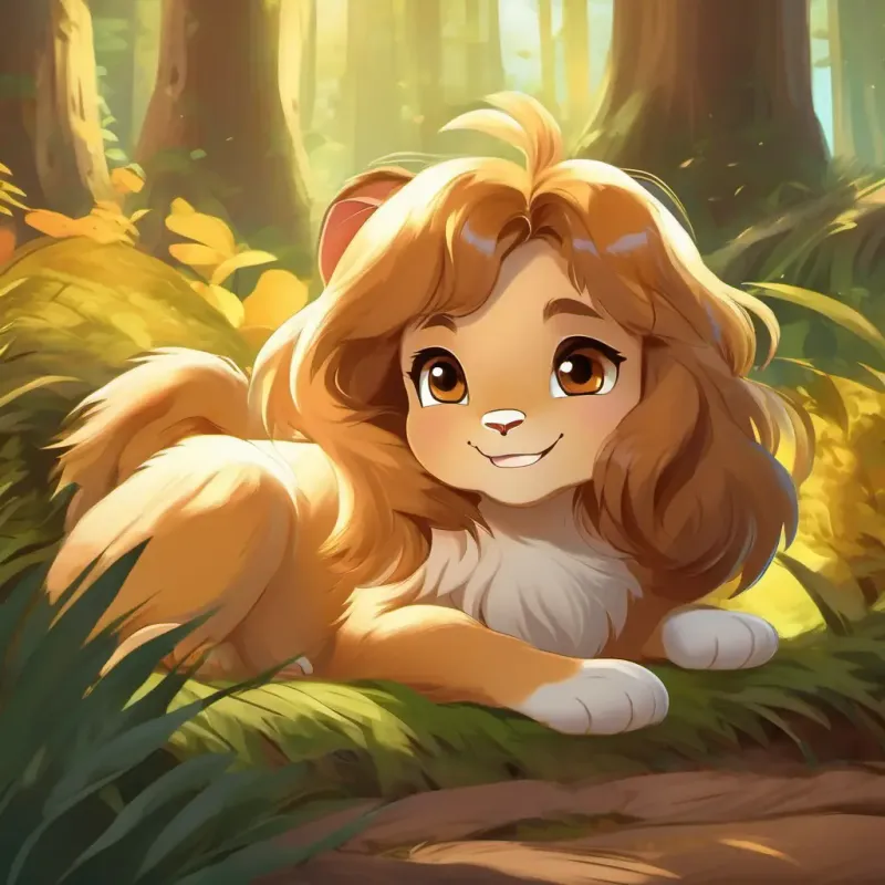 Lop-eared rabbit, brown fur, bright brown eyes smiling as she leaves, Lazy lion, golden fur, sleepy amber eyes relaxing in the sunshine, surrounded by happy forest creatures.
