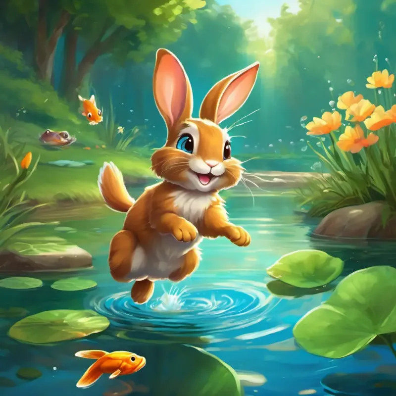 Lop-eared rabbit, brown fur, bright brown eyes and Leaping frog, green skin, sparkling blue eyes joyfully leaping and laughing near a cheerful pond with playful fish.