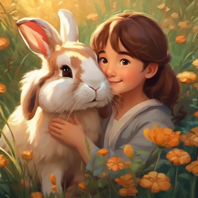 Lop-eared rabbit, brown fur, bright brown eyes embracing different animals with various activities, all happy and content.