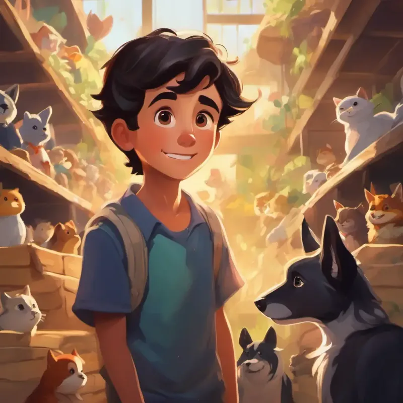 Young boy, enthusiastic, dark hair at the animal shelter, overwhelmed with choices