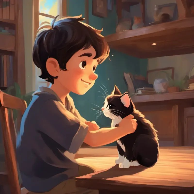 Young boy, enthusiastic, dark hair meeting the kitten for the first time