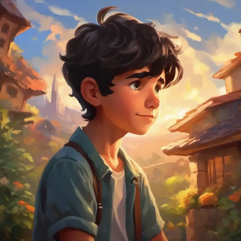 Young boy, enthusiastic, dark hair thinking of a perfect name for his new friend
