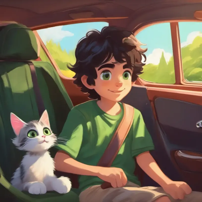 Young boy, enthusiastic, dark hair bonding with Tiny kitten, green eyes, fluffy fur in the car