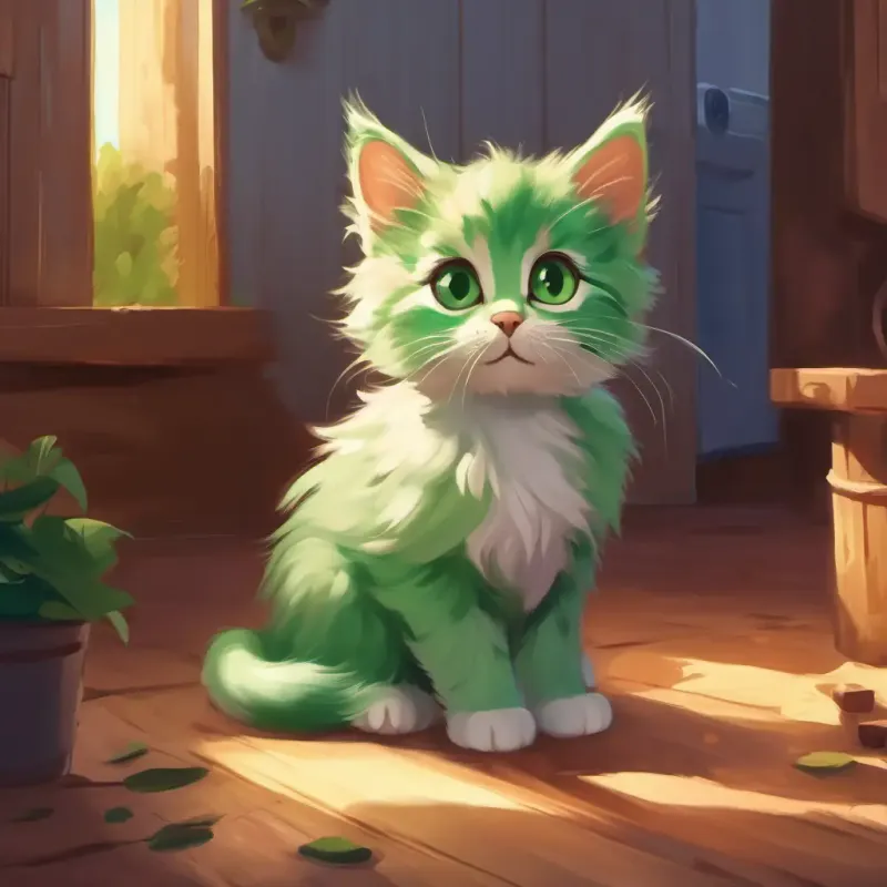 Tiny kitten, green eyes, fluffy fur discovering her new home