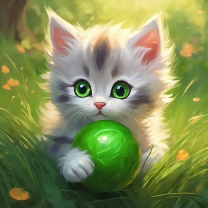 Tiny kitten, green eyes, fluffy fur playing with a ball, learning and adapting