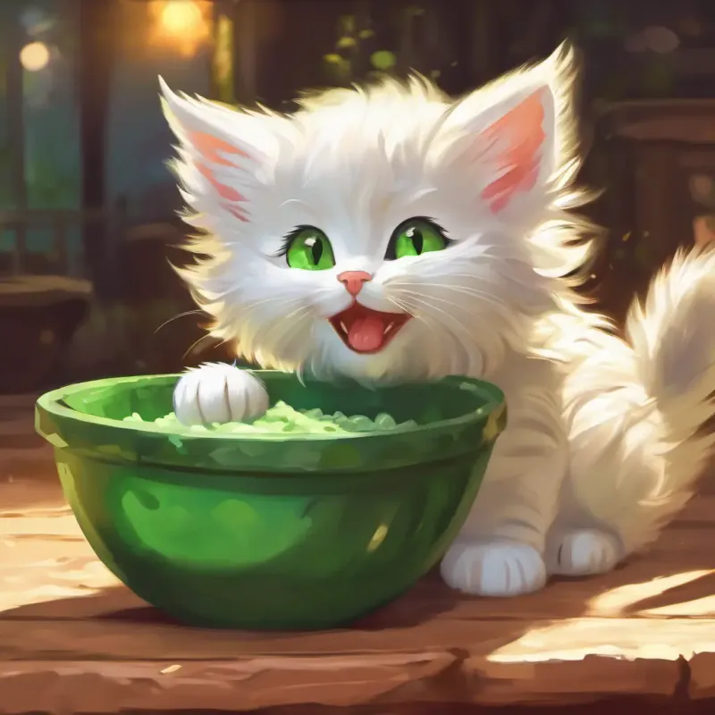 Feeding time for Tiny kitten, green eyes, fluffy fur