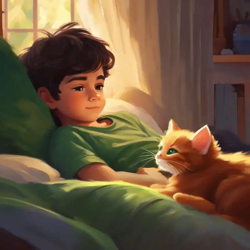 Bedtime, Tiny kitten, green eyes, fluffy fur deciding to sleep with Young boy, enthusiastic, dark hair